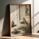 Product presentation view of Yellowface Budgerigar Reading in Bed Poster.