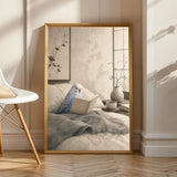 Product view of Pastel Blue Budgerigar Reading in Bed Poster.
