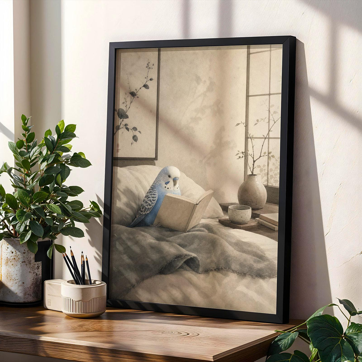 Product gallery view of Pastel Blue Budgerigar Reading in Bed Poster.