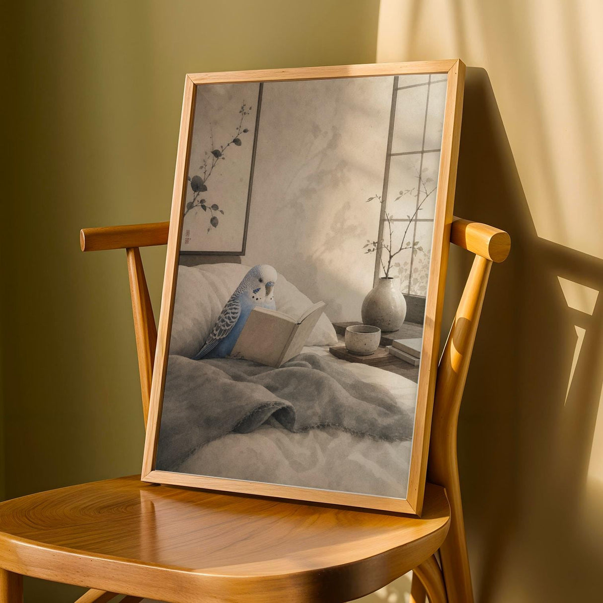 Product detail view of Pastel Blue Budgerigar Reading in Bed Poster.