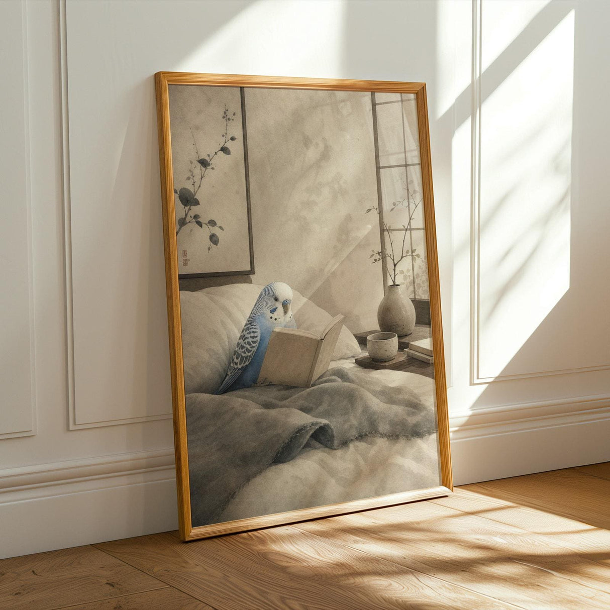 Alternate product presentation of Pastel Blue Budgerigar Reading in Bed Poster.
