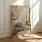 Alternate product presentation of Pastel Blue Budgerigar Reading in Bed Poster.