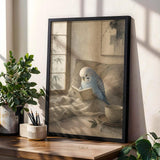Product gallery view of Light Blue Budgerigar Reading in Bed Poster.