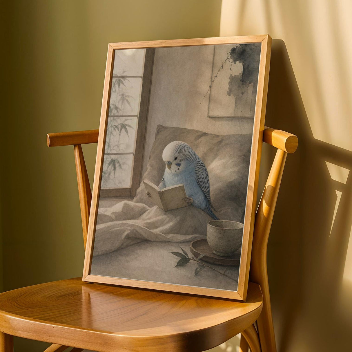 Product detail view of Light Blue Budgerigar Reading in Bed Poster.