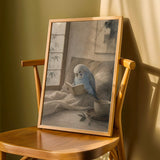 Product detail view of Light Blue Budgerigar Reading in Bed Poster.