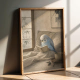 Product presentation view of Light Blue Budgerigar Reading in Bed Poster.