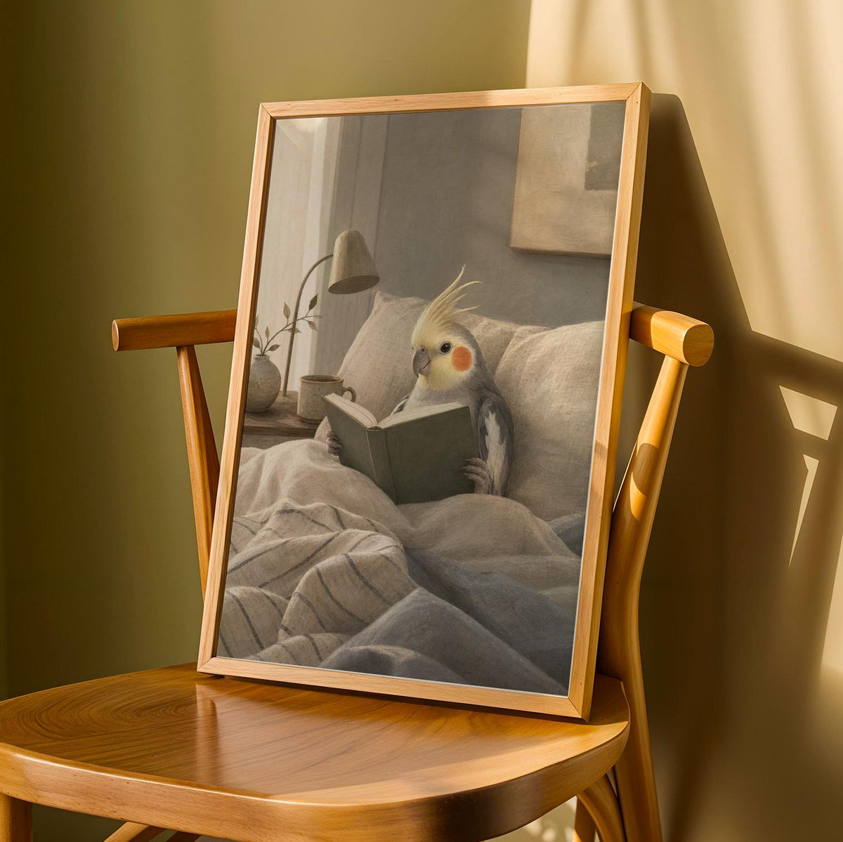 Product detail view of Cockatiel Reading in Bed Poster.