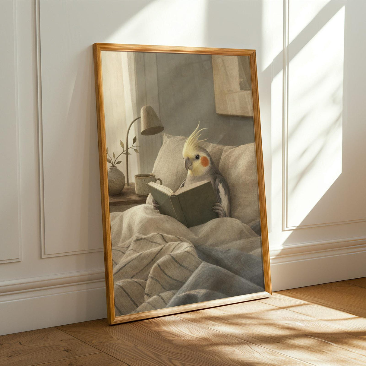 Alternate product presentation of Cockatiel Reading in Bed Poster.