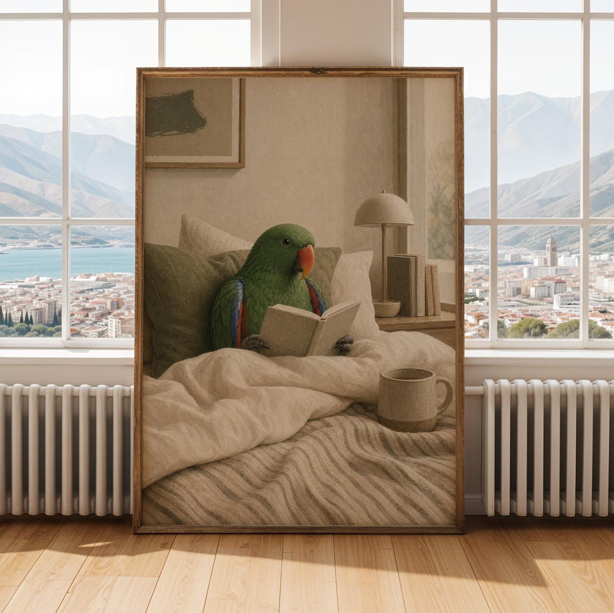 Alternate gallery view of Silver Budgerigar Reading in Bed Poster.