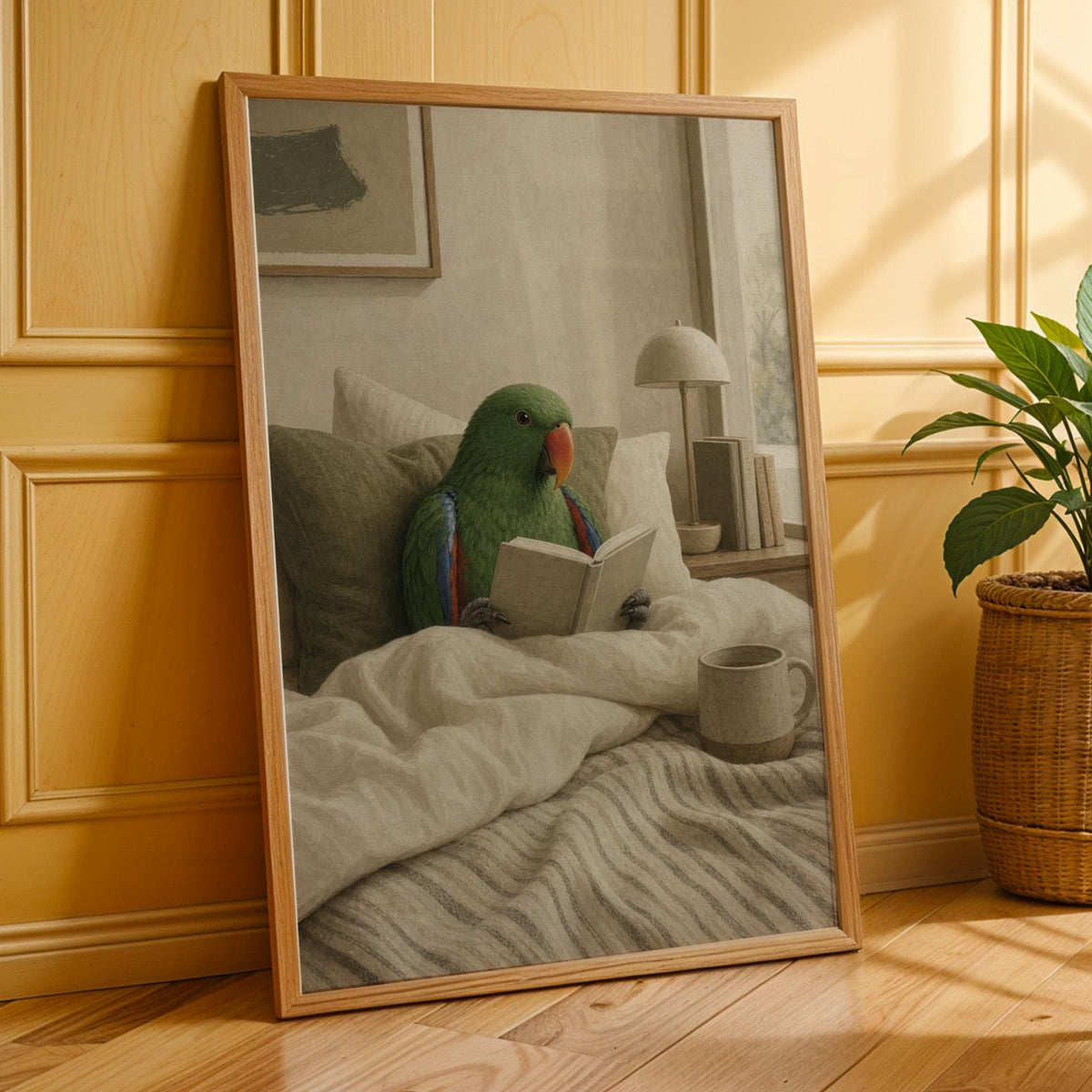 Additional product presentation of Silver Budgerigar Reading in Bed Poster.