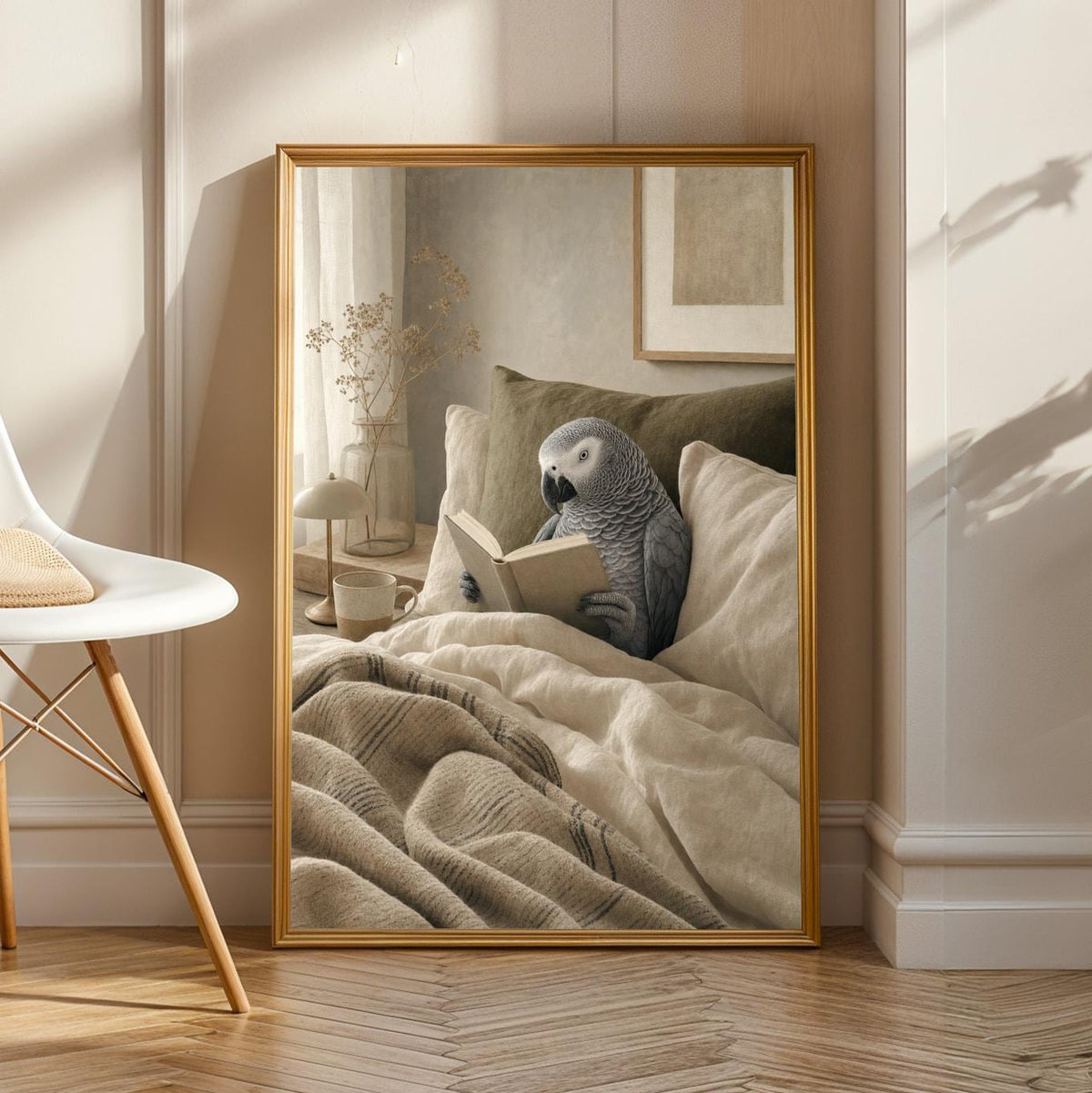 Product view of African Grey Parrot Reading in Bed Poster.