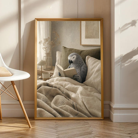 Product view of African Grey Parrot Reading in Bed Poster.