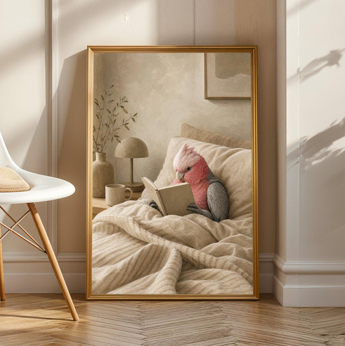 Product view of Galah Parrot Reading in Bed Poster.