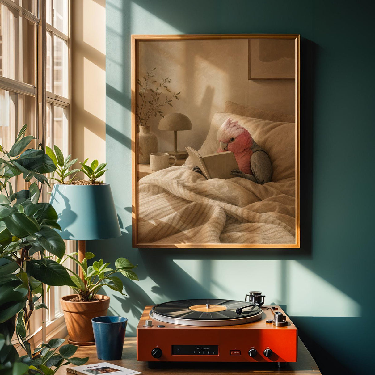 Alternate product view of Galah Parrot Reading in Bed Poster.