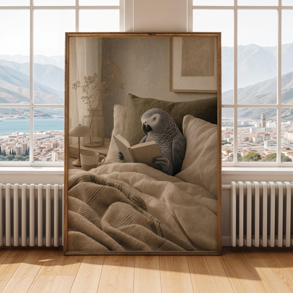 Alternate gallery view of African Grey Parrot Reading in Bed Poster.