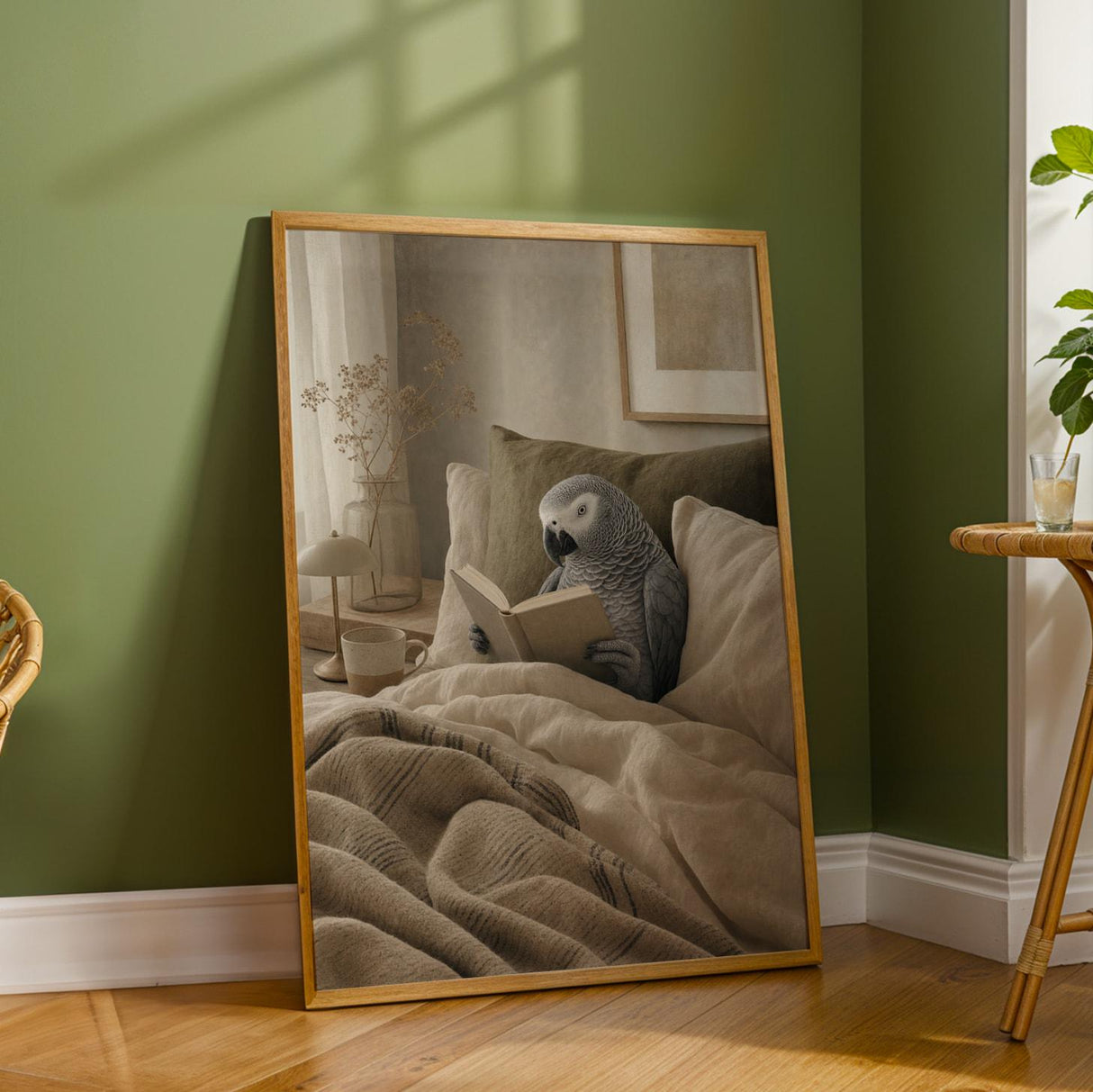 Additional product detail of African Grey Parrot Reading in Bed Poster.