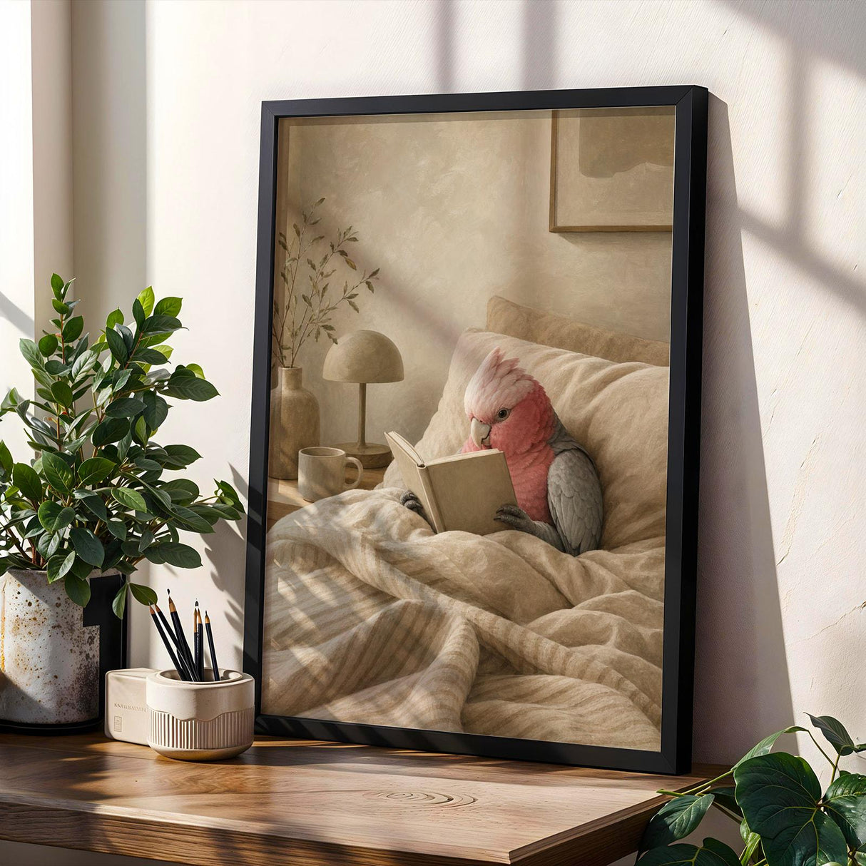 Product gallery view of Galah Parrot Reading in Bed Poster.