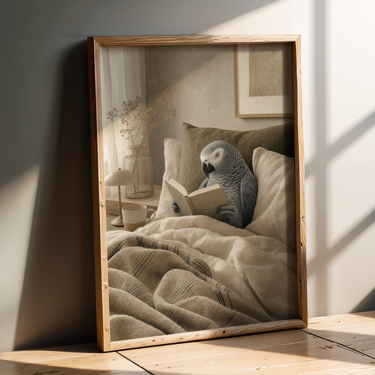 Product presentation view of African Grey Parrot Reading in Bed Poster.