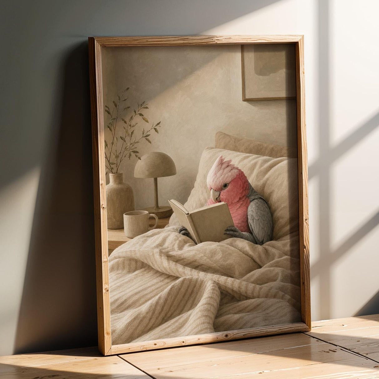 Product presentation view of Galah Parrot Reading in Bed Poster.