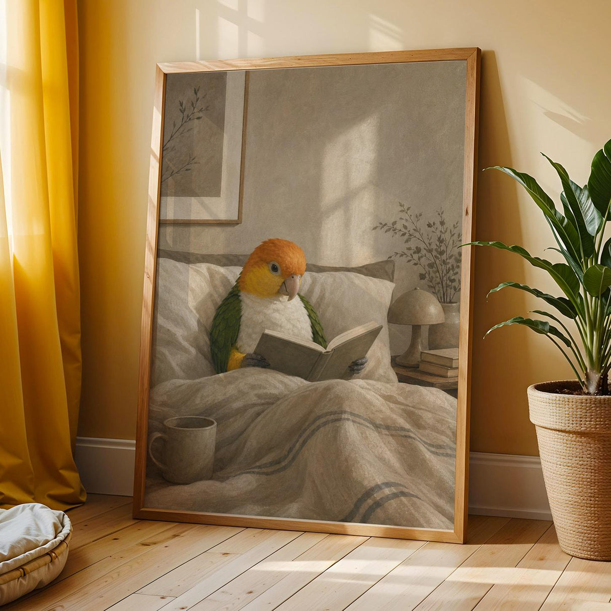 Additional product view of White Bellied Caique Reading in Bed Poster.