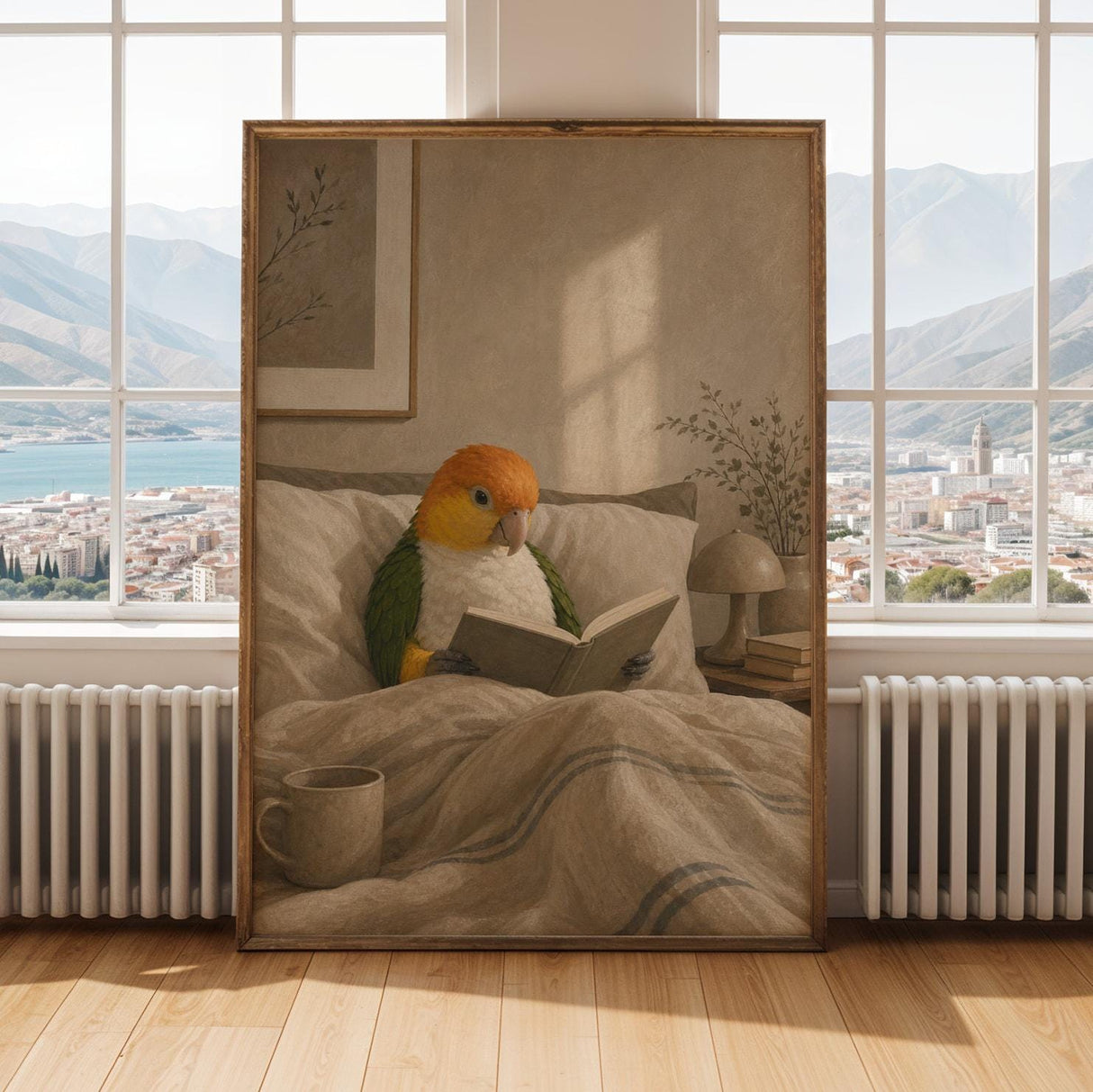 Alternate gallery view of White Bellied Caique Reading in Bed Poster.