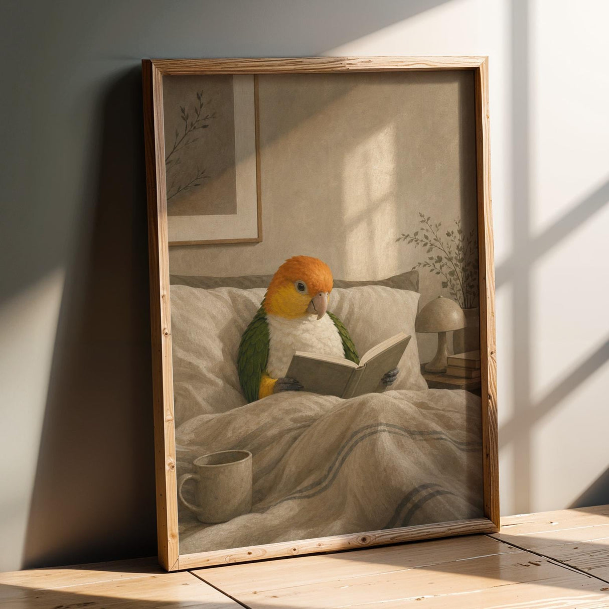 Product presentation view of White Bellied Caique Reading in Bed Poster.
