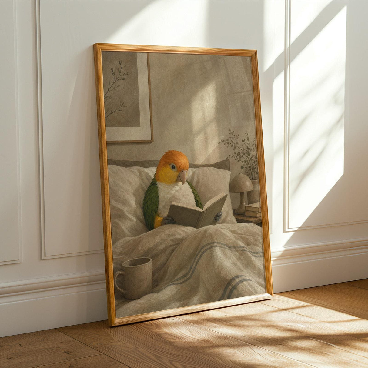 Alternate product presentation of White Bellied Caique Reading in Bed Poster.
