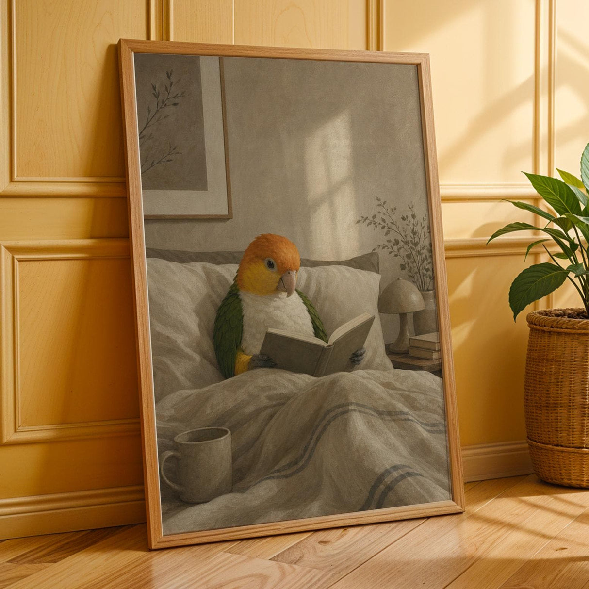 Additional product presentation of White Bellied Caique Reading in Bed Poster.