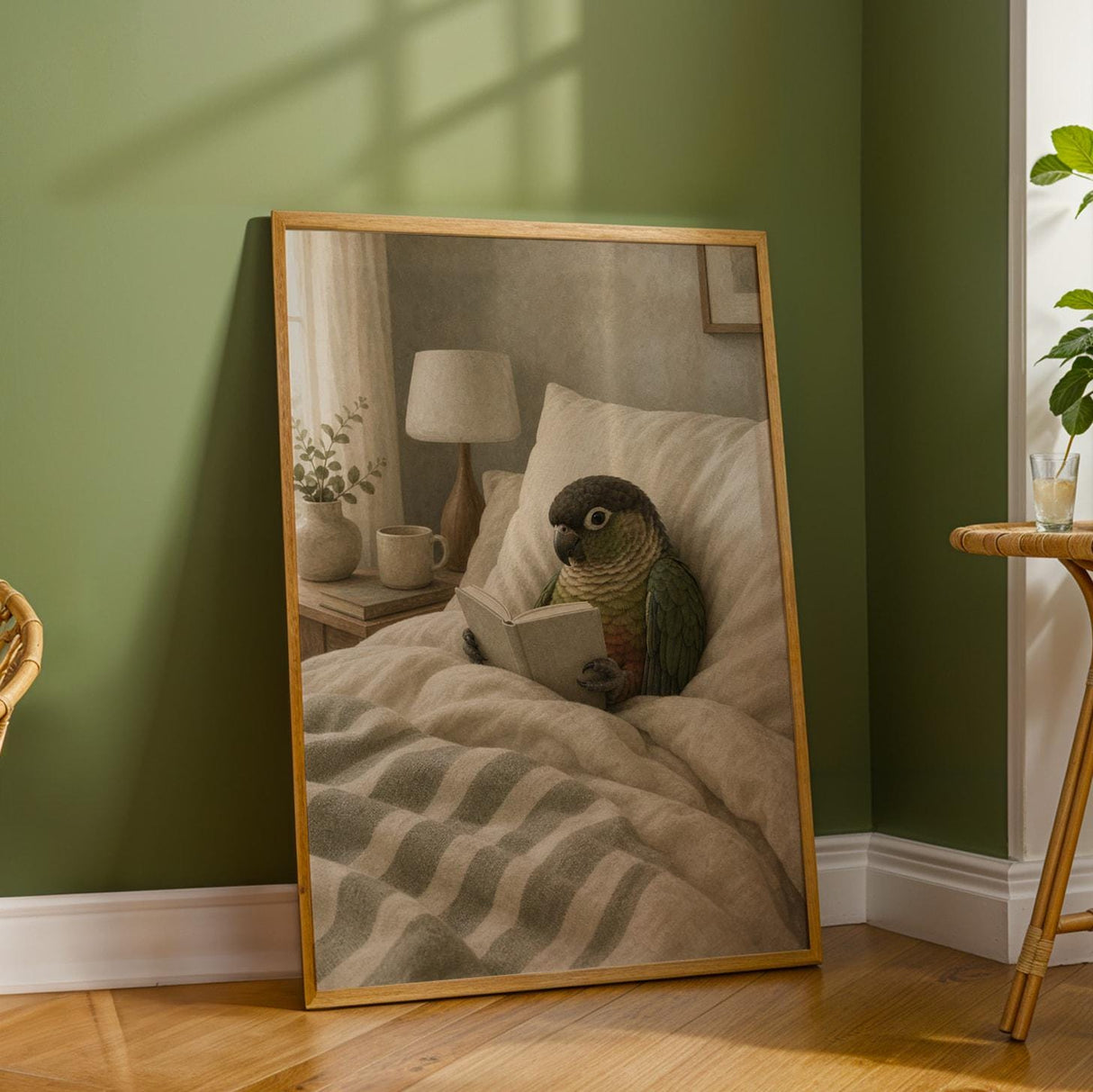 Additional product detail of Dusky Conure Reading in Bed Poster.