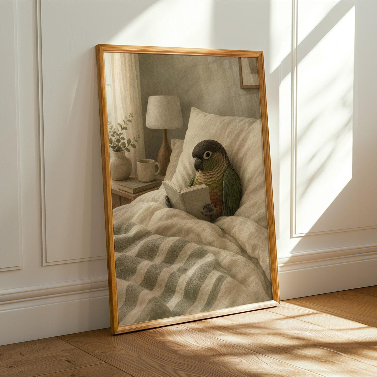 Alternate product presentation of Dusky Conure Reading in Bed Poster.