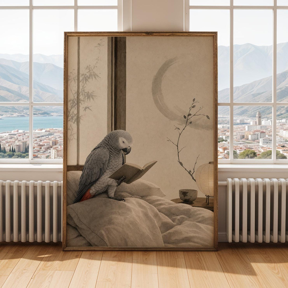 Alternate gallery view of African Grey Parrot Reading in Bed Poster.