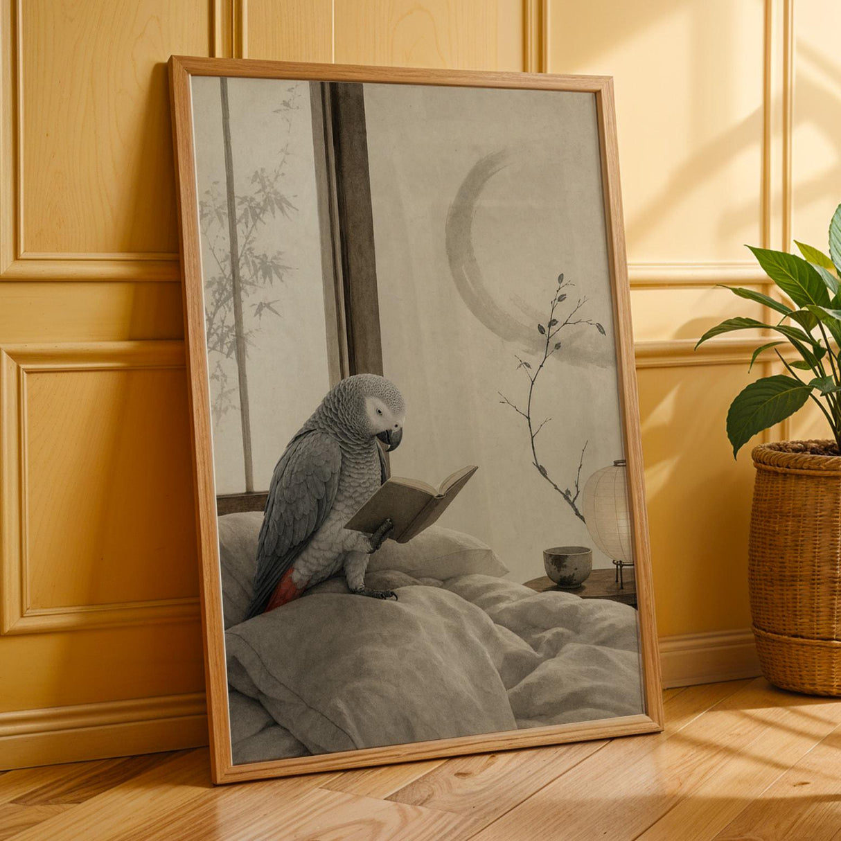 Additional product presentation of African Grey Parrot Reading in Bed Poster.