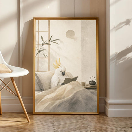 Product view of White Cockatoo Reading in Bed Poster.
