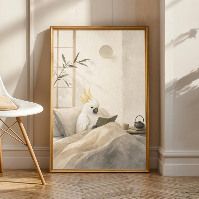 Product view of White Cockatoo Reading in Bed Poster.