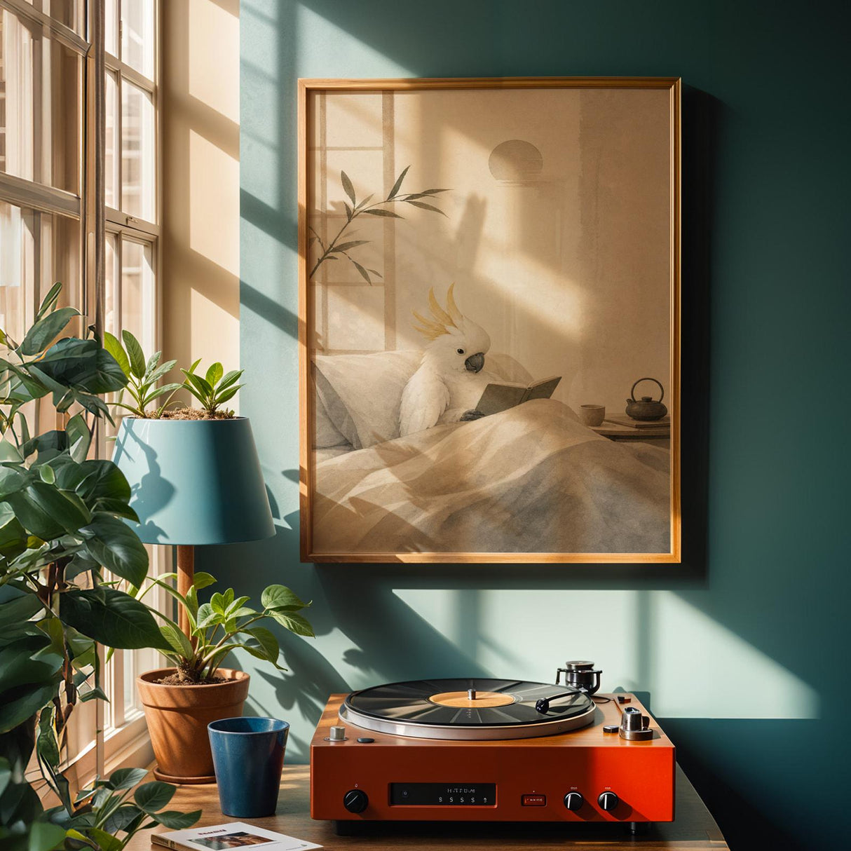 Alternate product view of White Cockatoo Reading in Bed Poster.