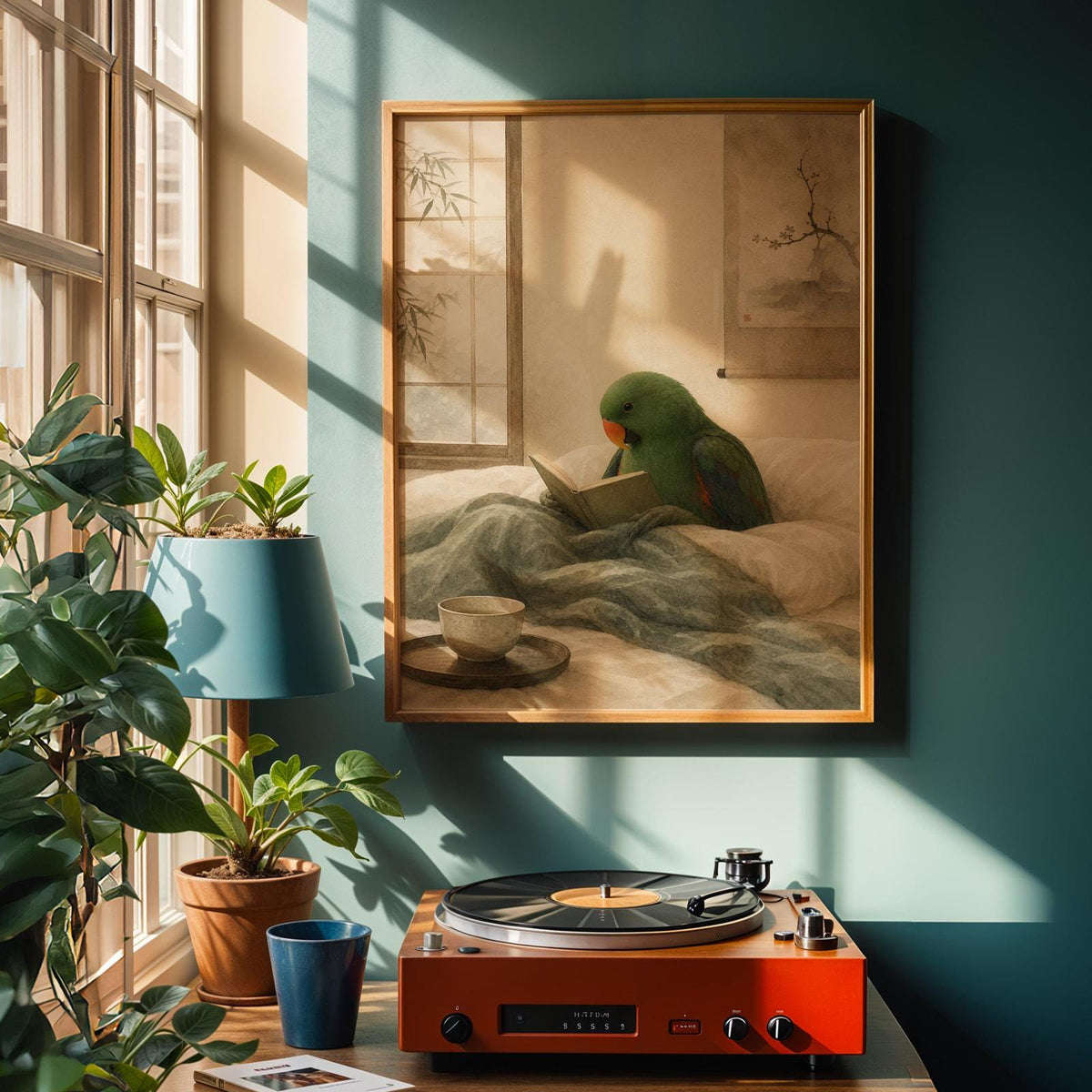 Alternate product view of Eclectus Parrot Reading in Bed Poster.