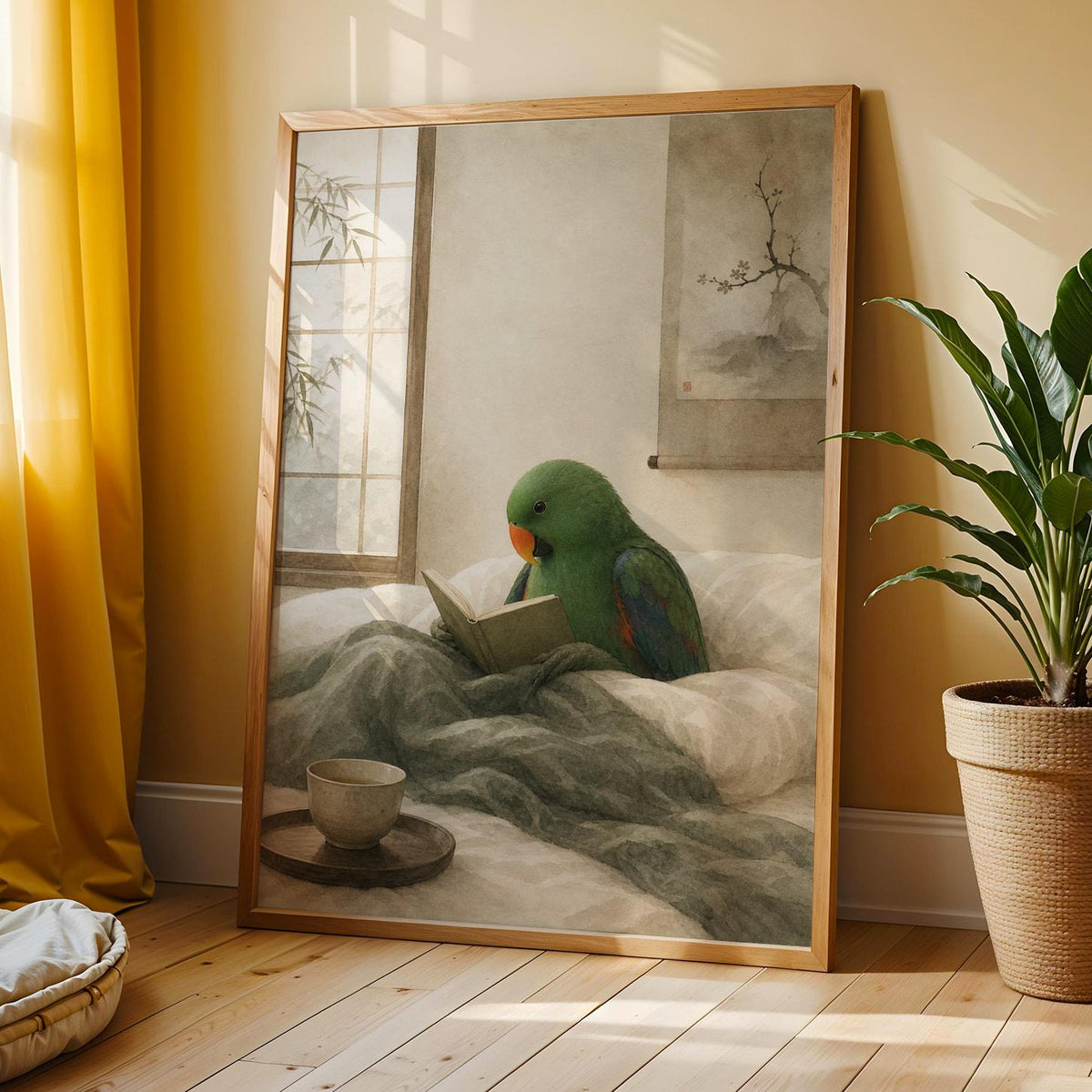 Additional product view of Eclectus Parrot Reading in Bed Poster.
