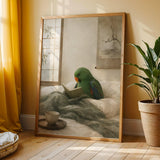 Additional product view of Eclectus Parrot Reading in Bed Poster.