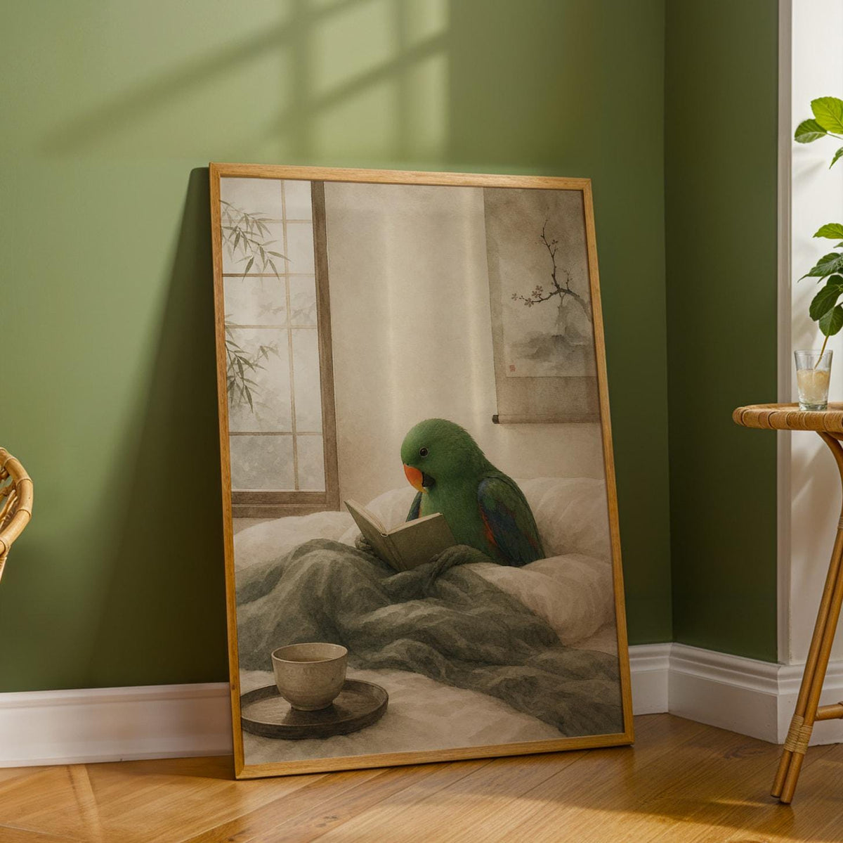 Additional product detail of Eclectus Parrot Reading in Bed Poster.