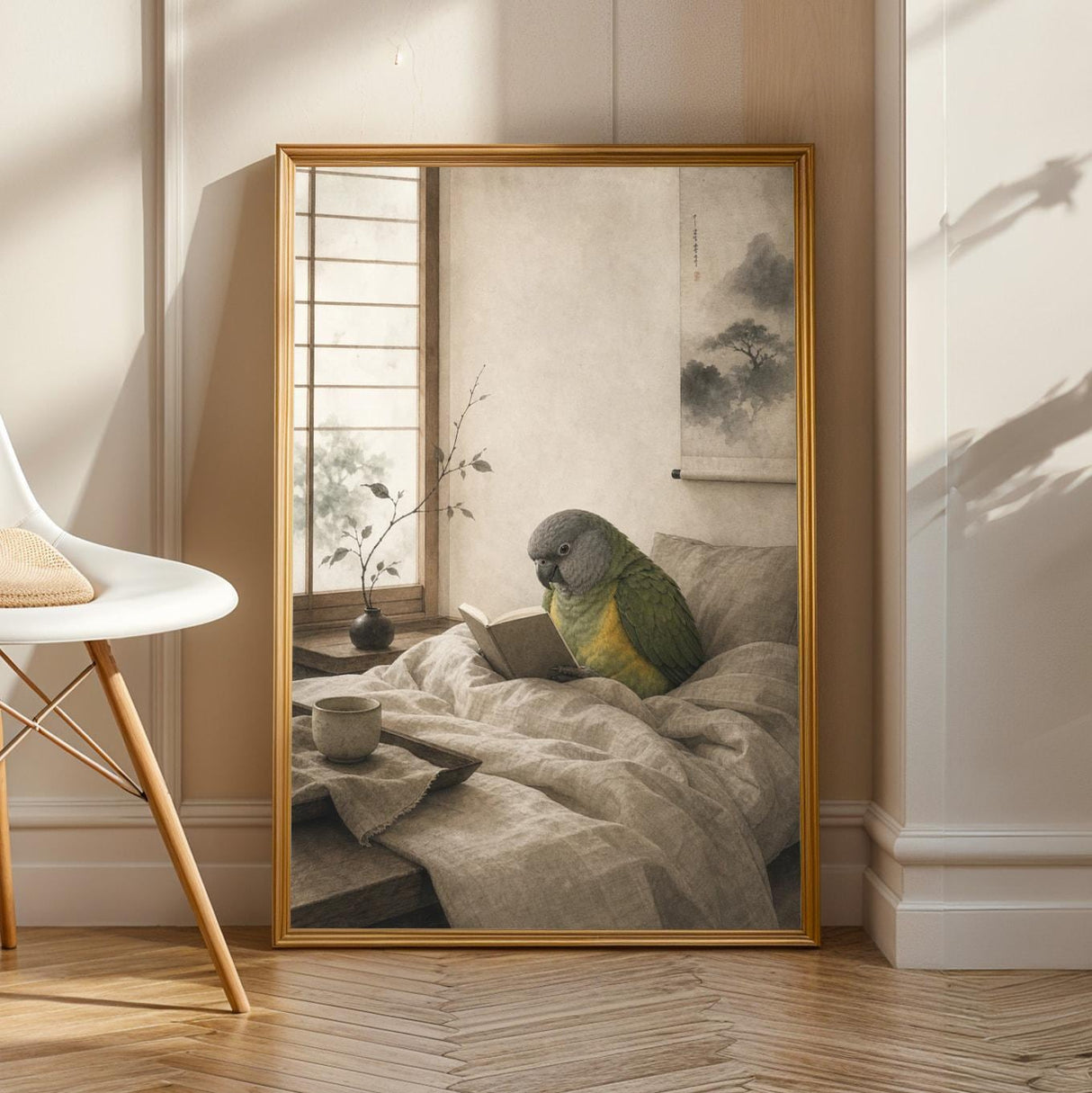Product view of Senegal Parrot Reading in Bed Poster.