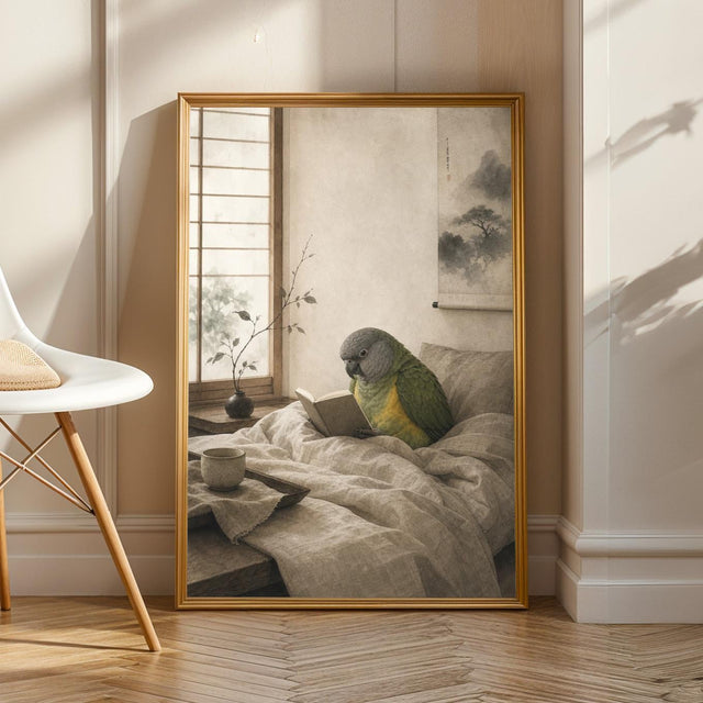 Product view of Senegal Parrot Reading in Bed Poster.