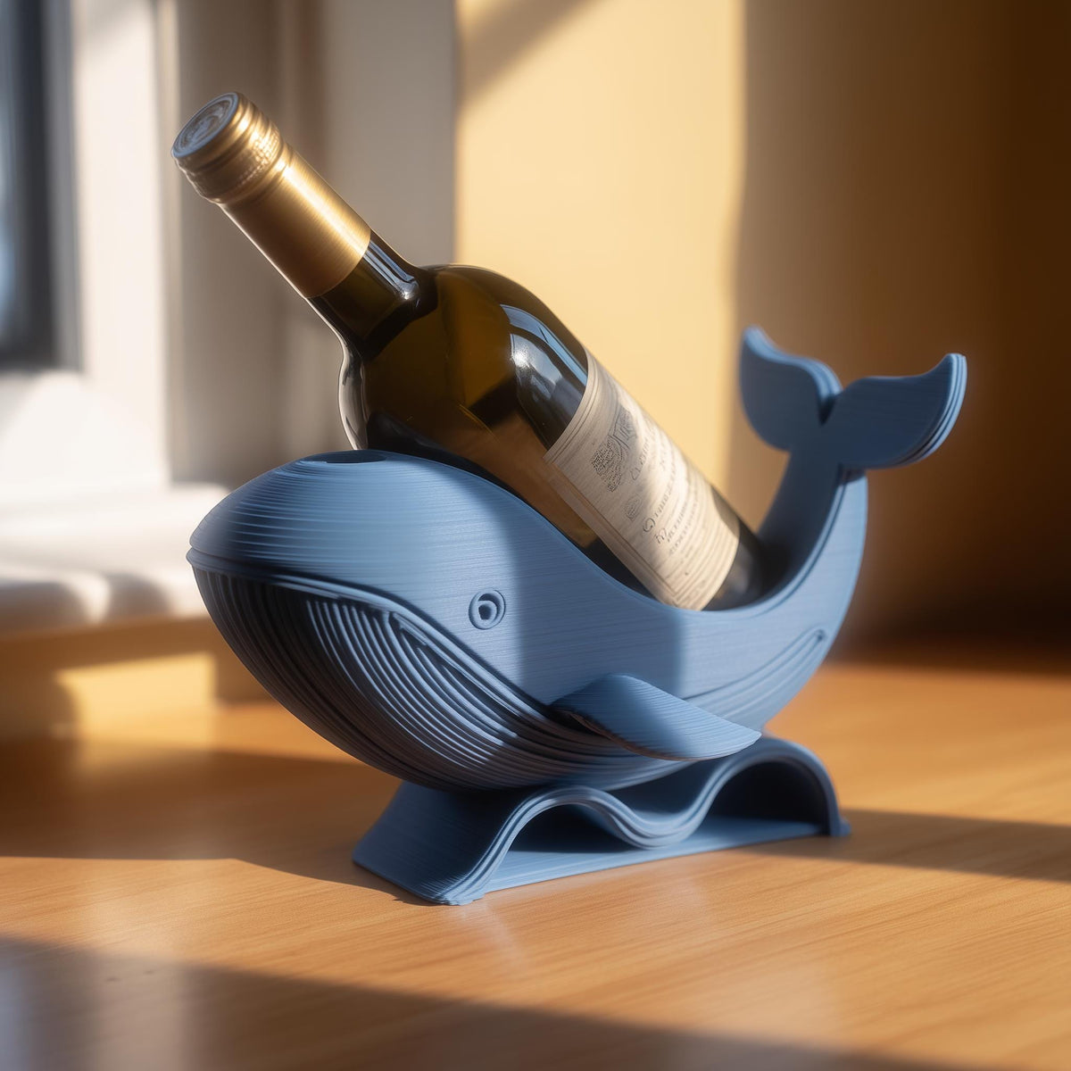 3D printed whale wine bottle holder in matte blue PLA holding a standard wine bottle on a sunny wooden table.
