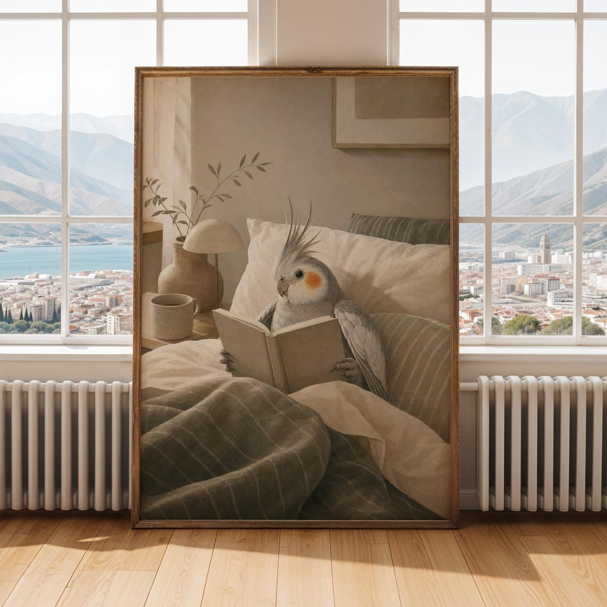 Alternate gallery view of Silver Cockatiel Reading in Bed Poster.