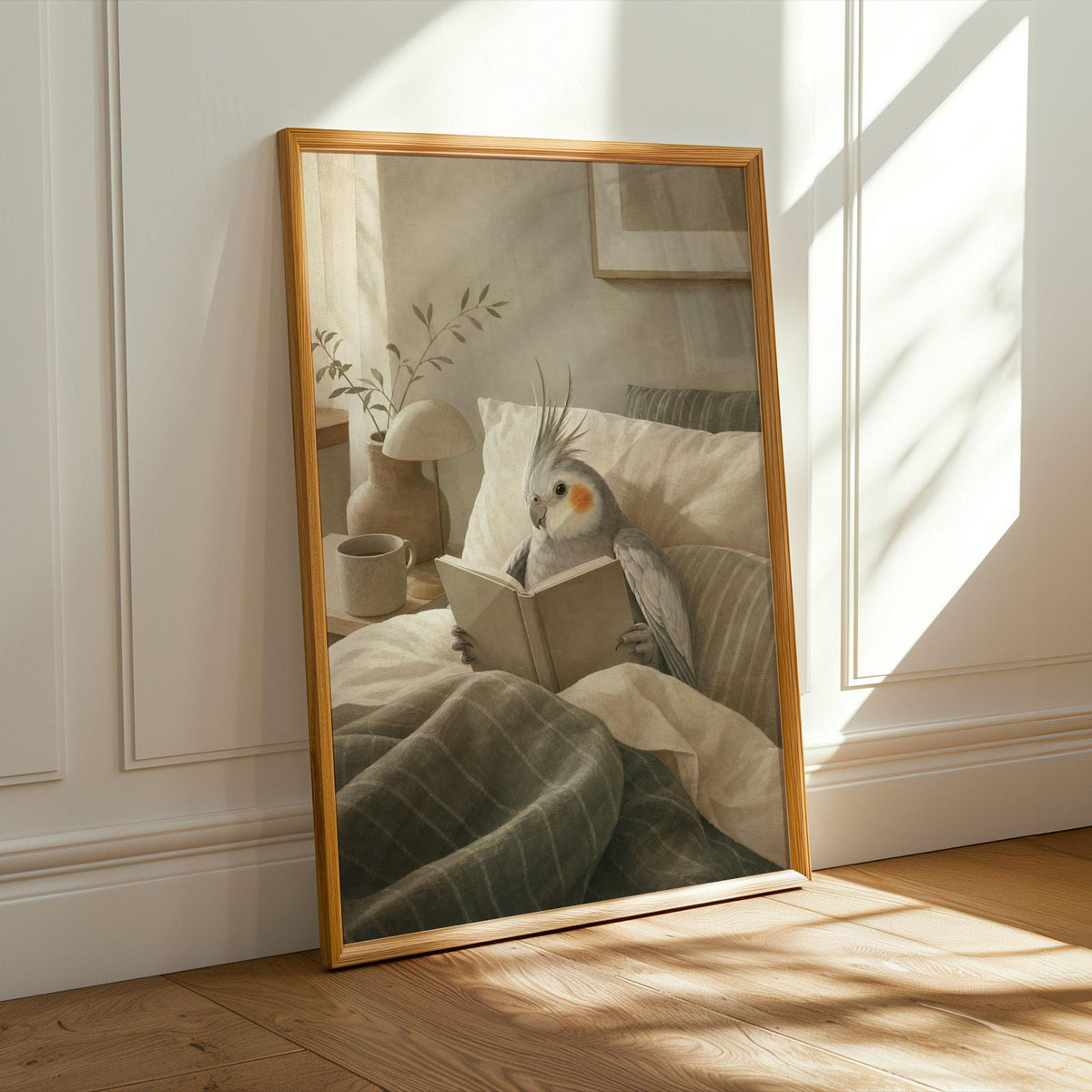 Alternate product presentation of Silver Cockatiel Reading in Bed Poster.