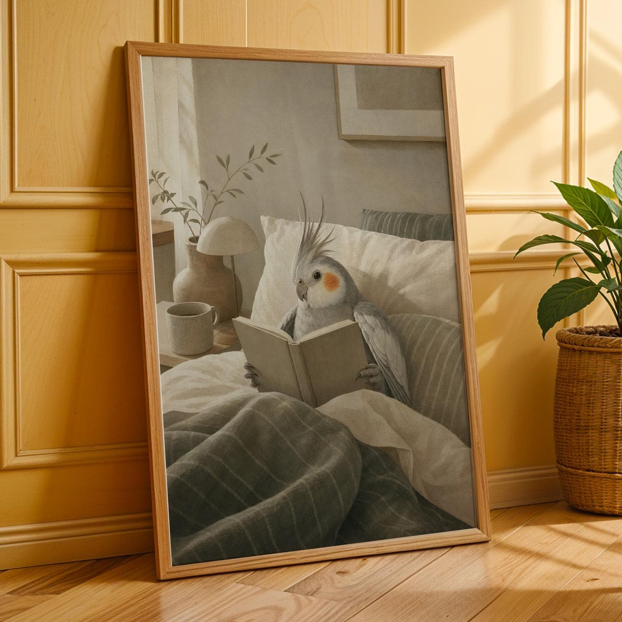 Additional product presentation of Silver Cockatiel Reading in Bed Poster.