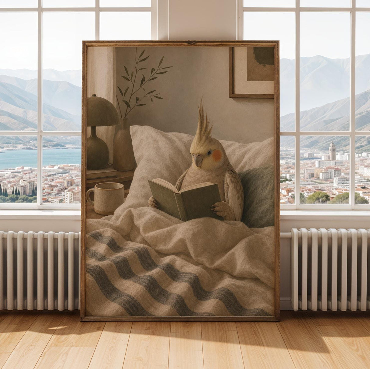 Alternate gallery view of Cinnamon Cockatiel Reading in Bed Poster.