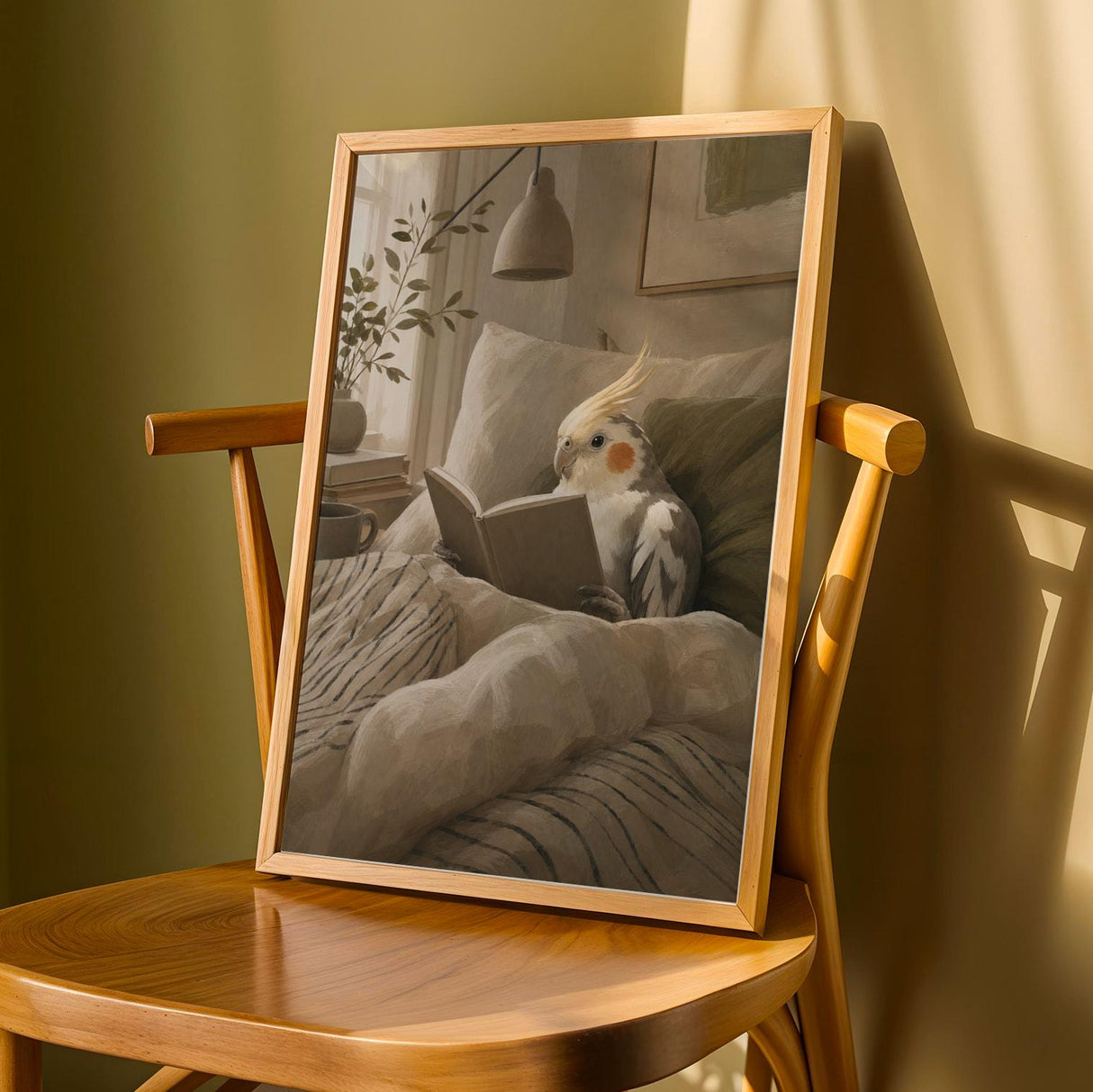 Product detail view of Pied Cockatiel Reading in Bed Poster.