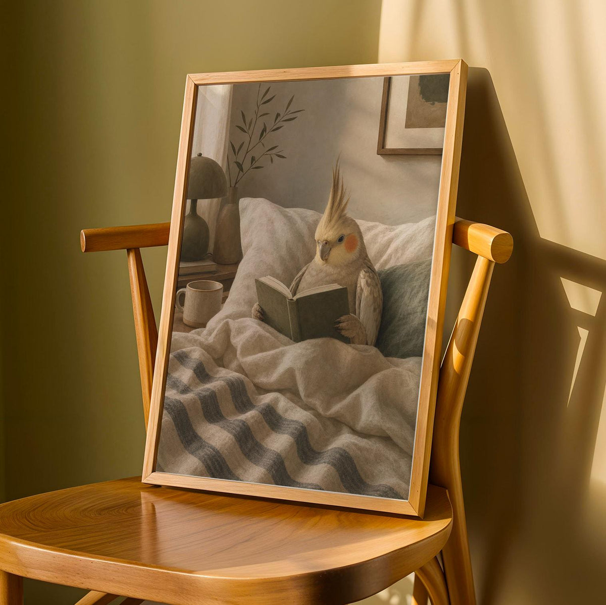 Product detail view of Cinnamon Cockatiel Reading in Bed Poster.