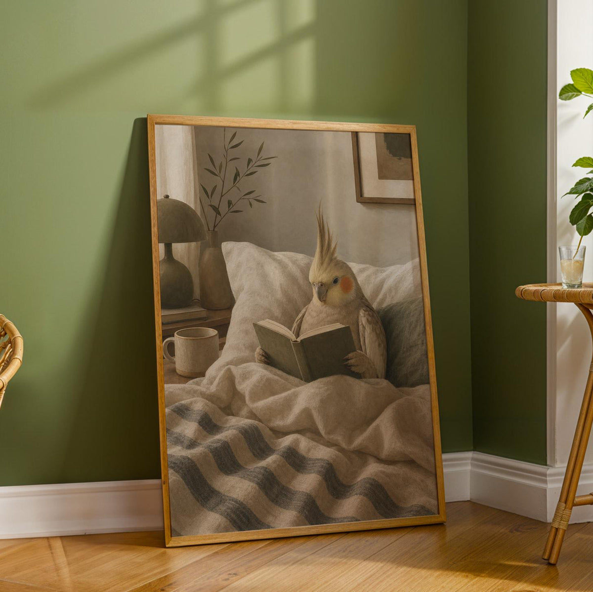 Additional product detail of Cinnamon Cockatiel Reading in Bed Poster.