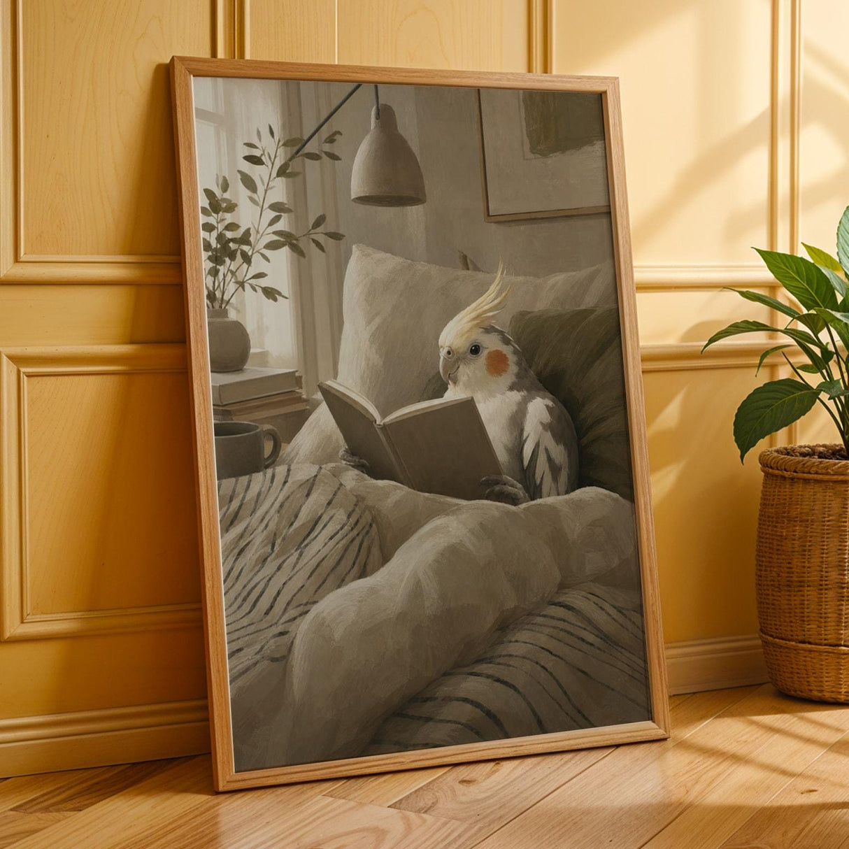 Additional product presentation of Pied Cockatiel Reading in Bed Poster.